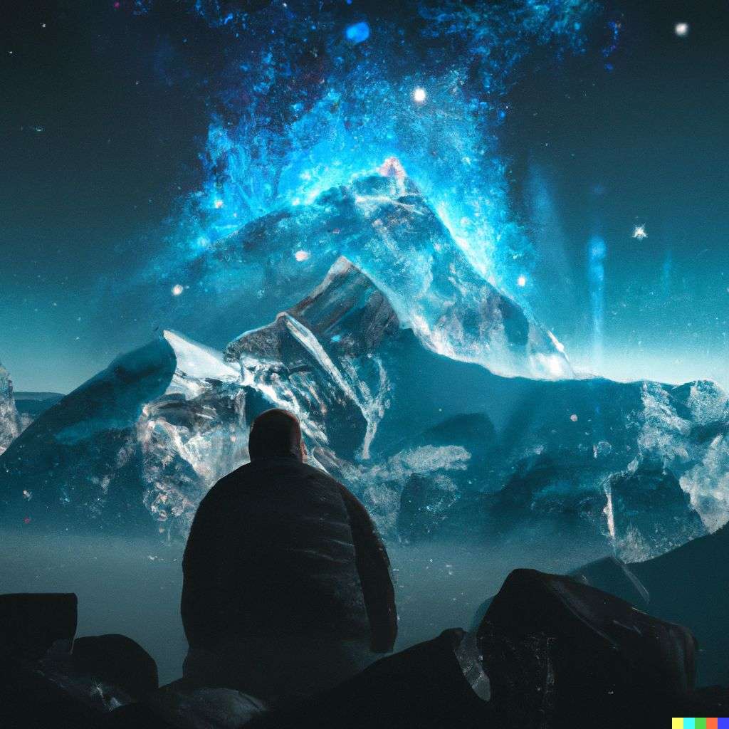 someone gazing at Mount Everest, particle explosion, digital art